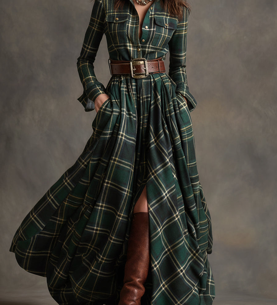 Giulietta - Maxi košilové šaty s kostkovaným vzorem a páskem
