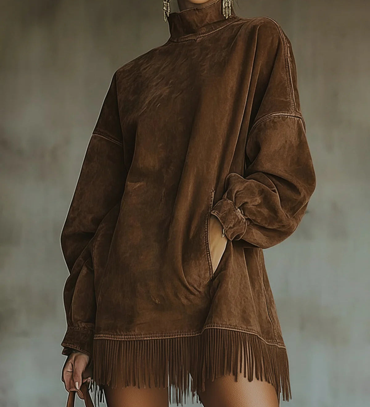 Lunori™ | Tunika šaty z imitace semiše s třásněmi Darcie