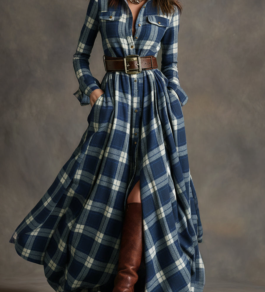 Giulietta - Maxi košilové šaty s kostkovaným vzorem a páskem