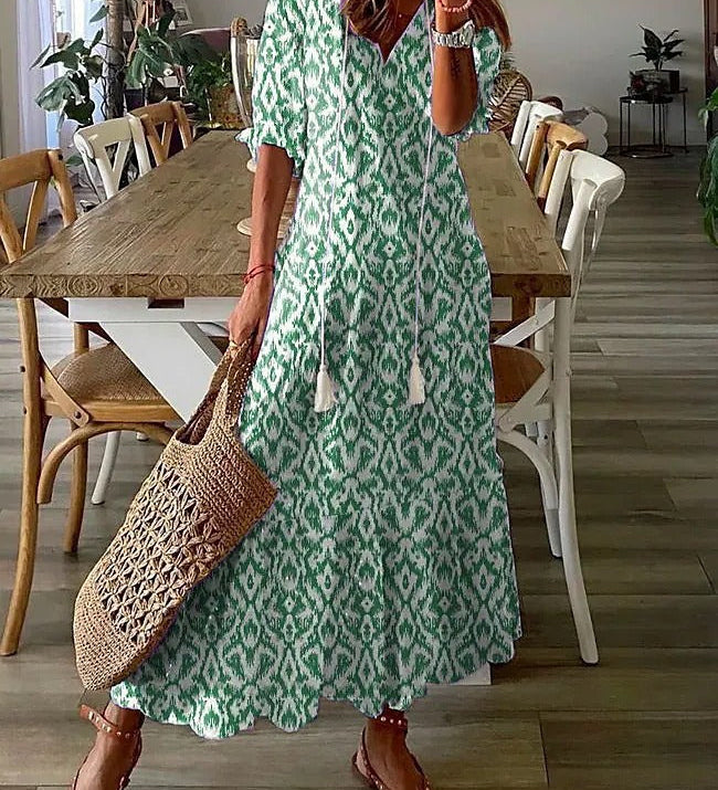 Dlouhé tištěné šaty s V-výstřihem