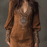 Lunori™ | Mini šaty z imitace semiše s výšivkou fialové