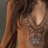 Lunori™ | Mini šaty z imitace semiše s výšivkou fialové