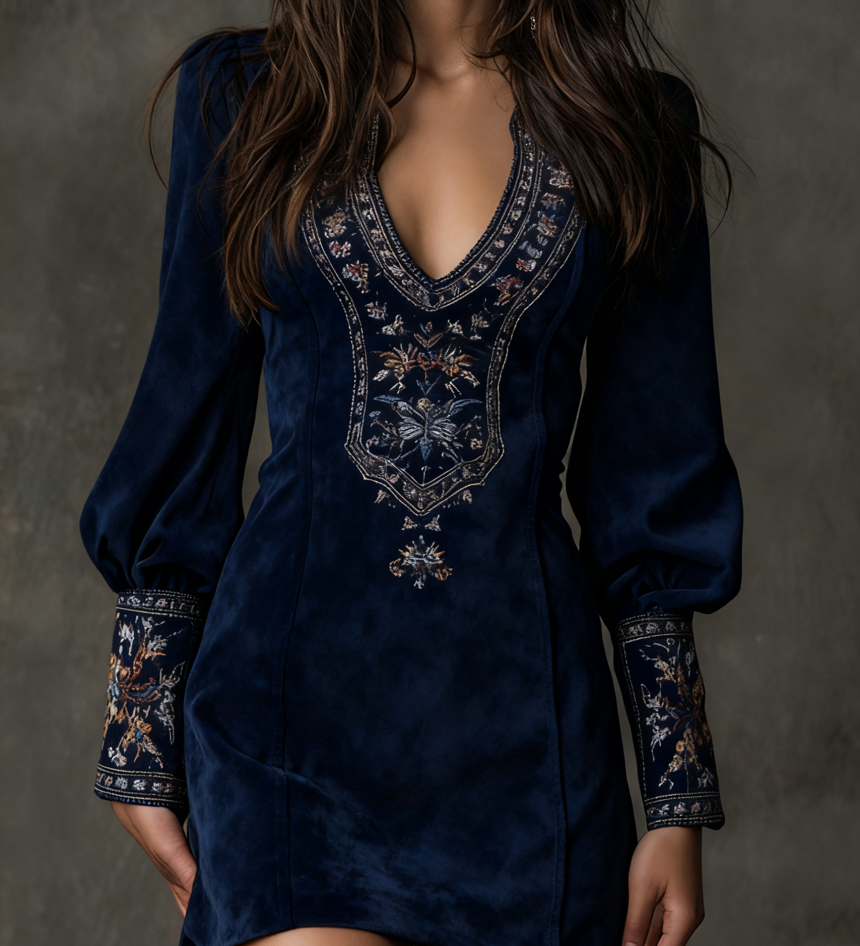 Lunori™ | Mini šaty z imitace semiše s výšivkou fialové