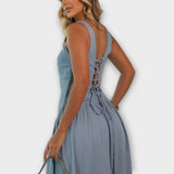 Lux - Šaty bez ramínek v denimové modři