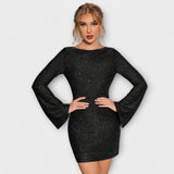 Šaty bez zadního dílu s flitry a dlouhými rukávy